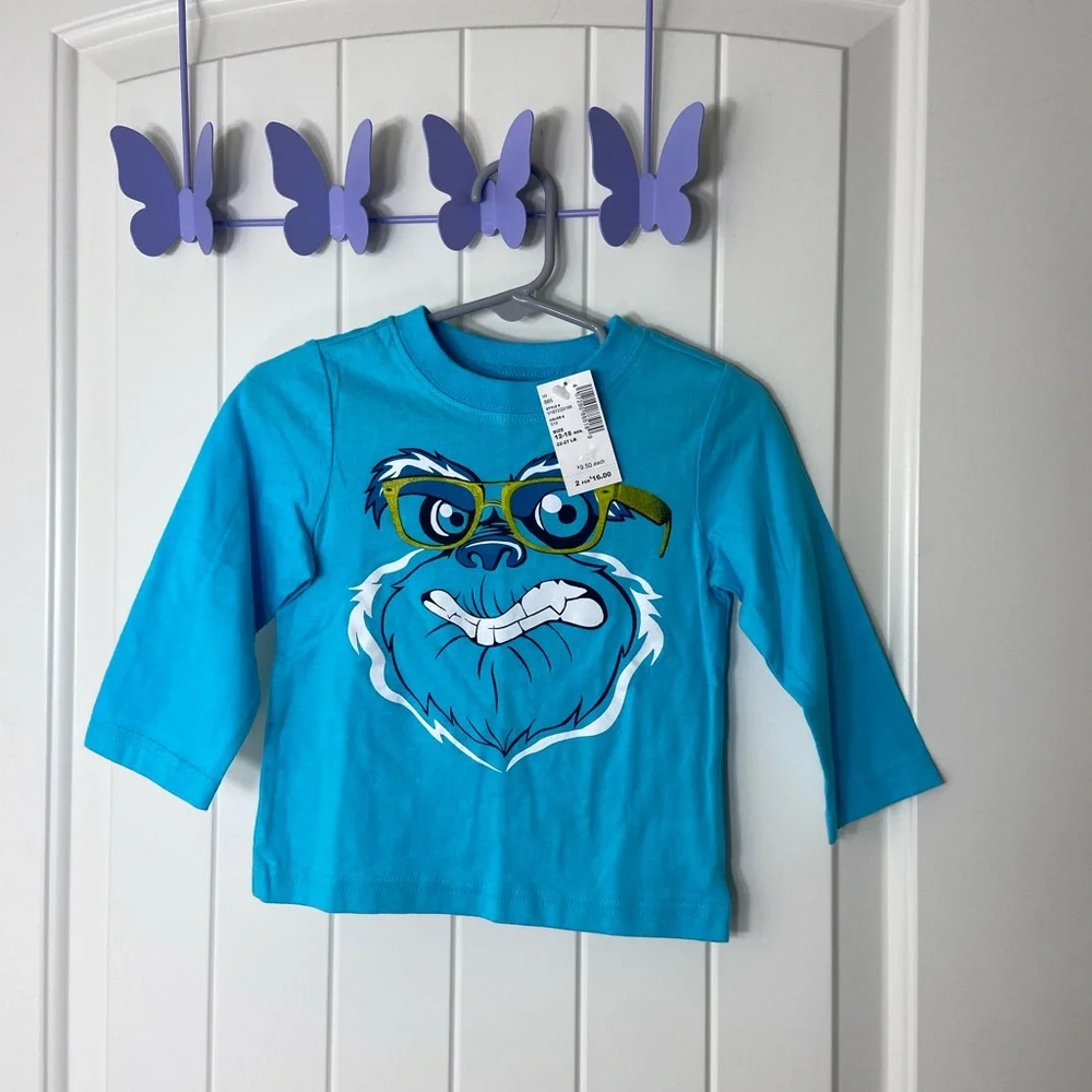 NEW Children’s Place baby boy’s blue face decal graphic long sleeve tshirt 12-18